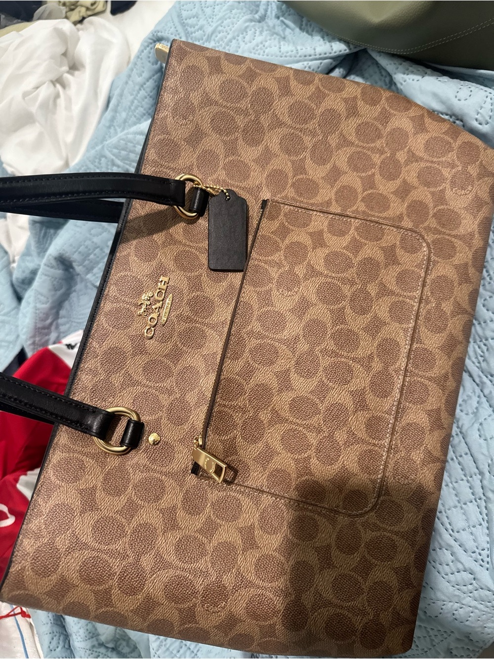 Coach Brown Signature Tote with Black Handles and Gold Hardware